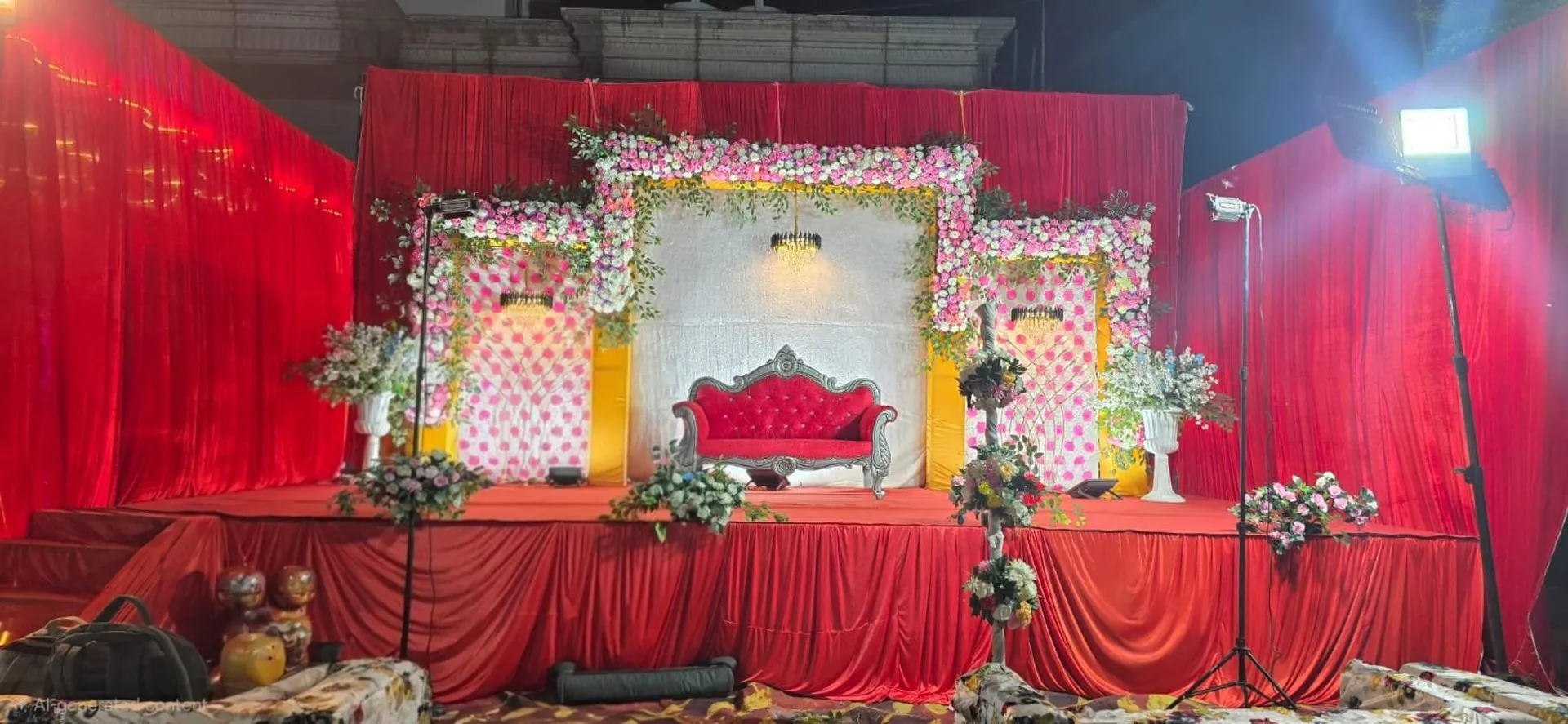 A wedding stage decorated with flowers and red drapes