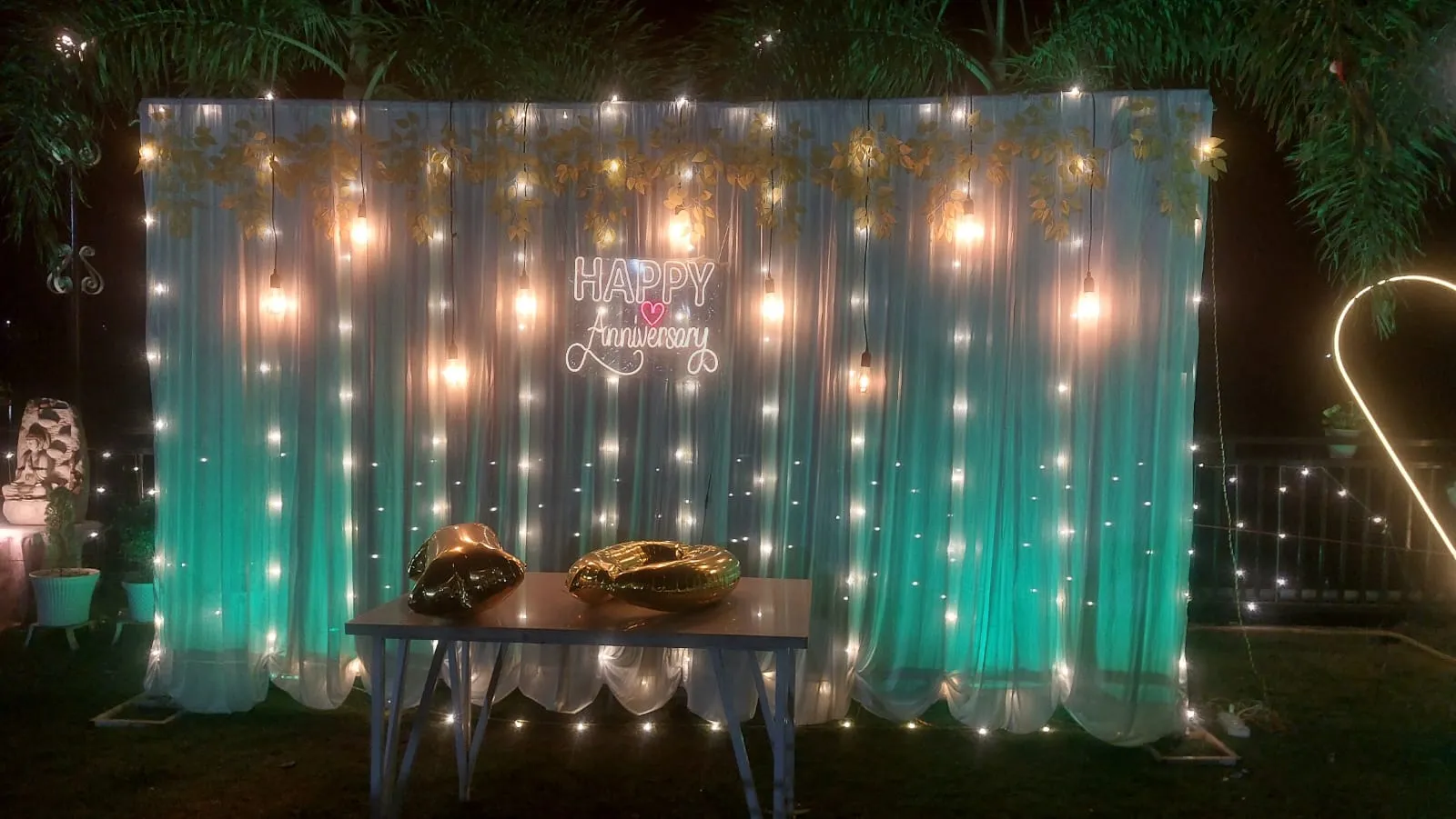 A decorated wedding stage on the lawn