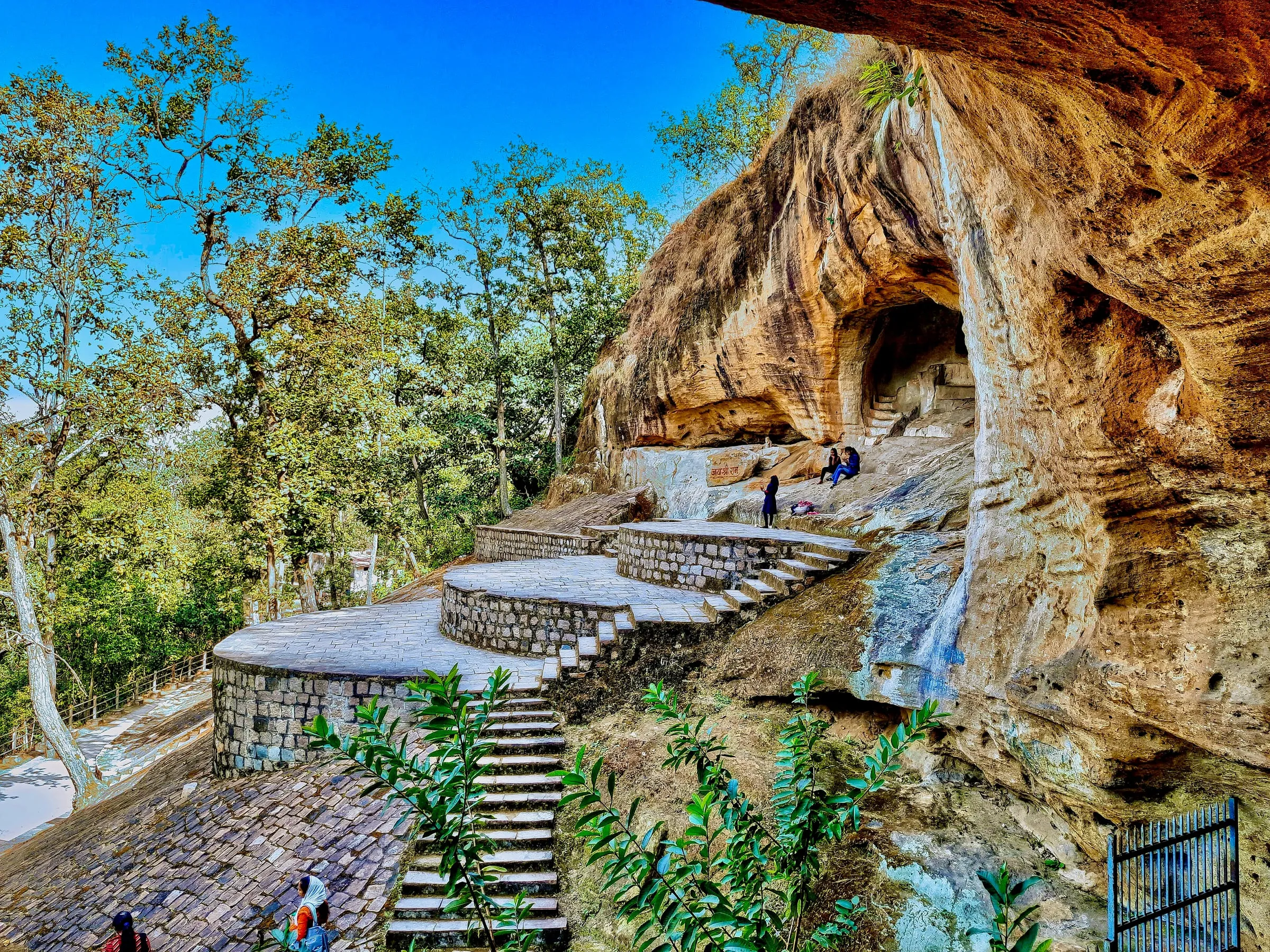 Stone steps up to the caves on Ramgarh hill